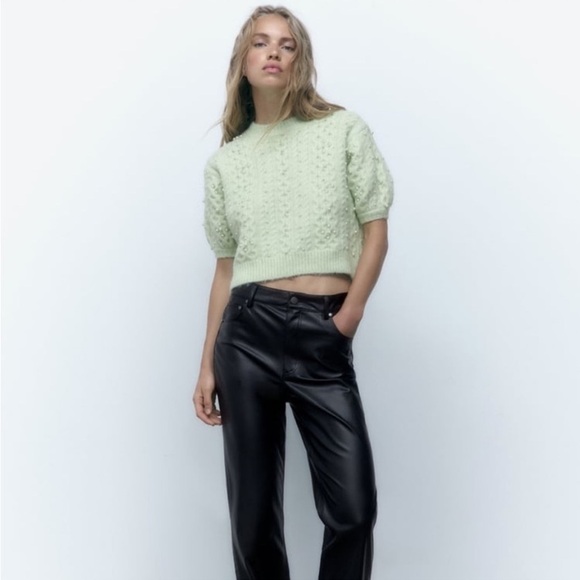 NWOT Zara Wool & Alpaca Blend Light Green Knit Sweater with Pearls - Picture 5 of 9